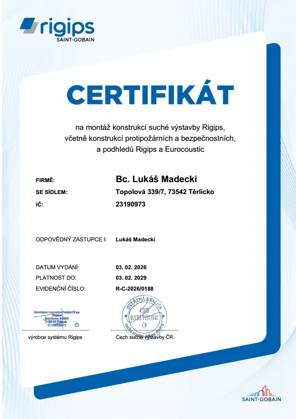 Certifikát Rigips - LM Stavby Rekonstrukce