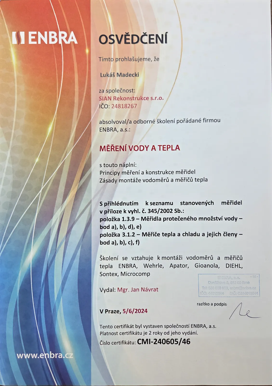 Osvědčení ENBRA - LM Stavby Rekonstrukce