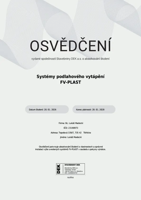 Osvědčení FV-PLAST - LM Stavby Rekonstrukce