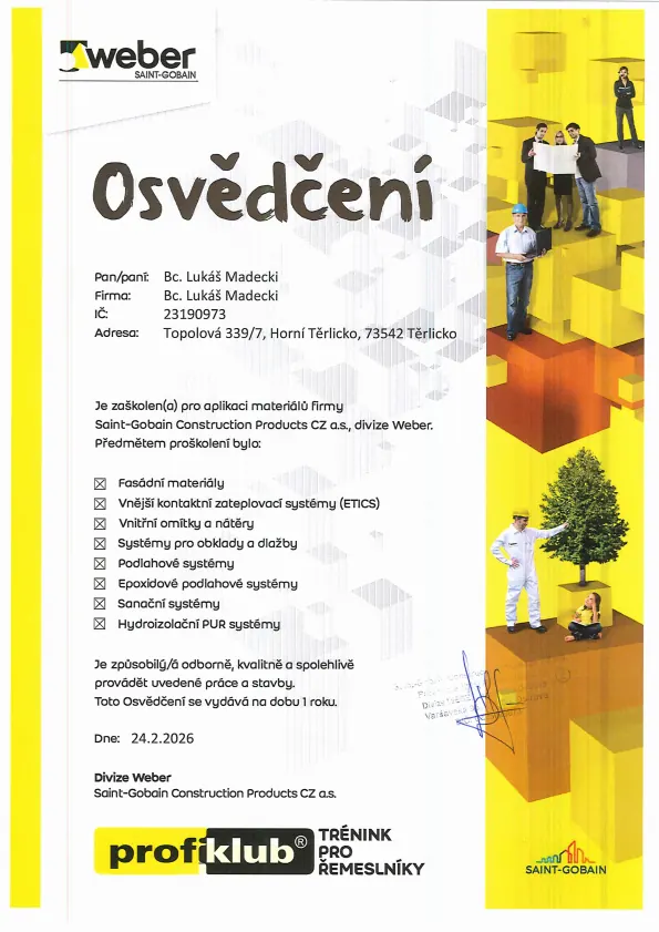 Osvědčení Weber - LM Stavby Rekonstrukce